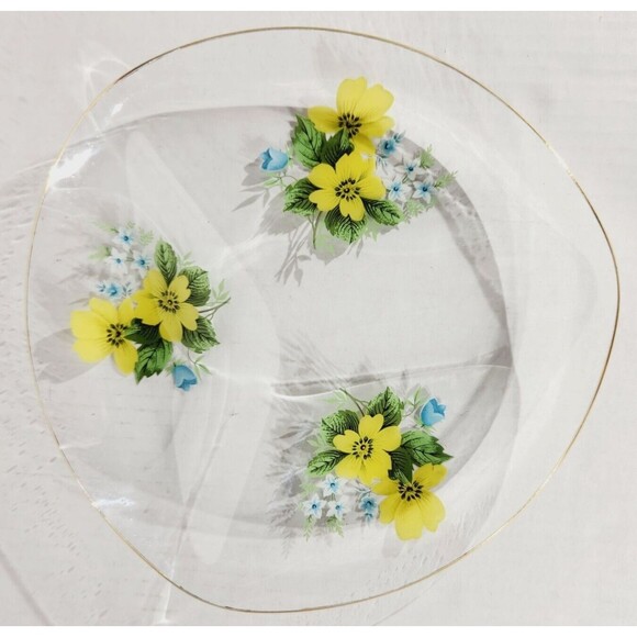 Chance Glass Floral Divided Plate Platter Decorative MCM Vtg Yellow Gold 9 1/2in - Picture 2 of 9
